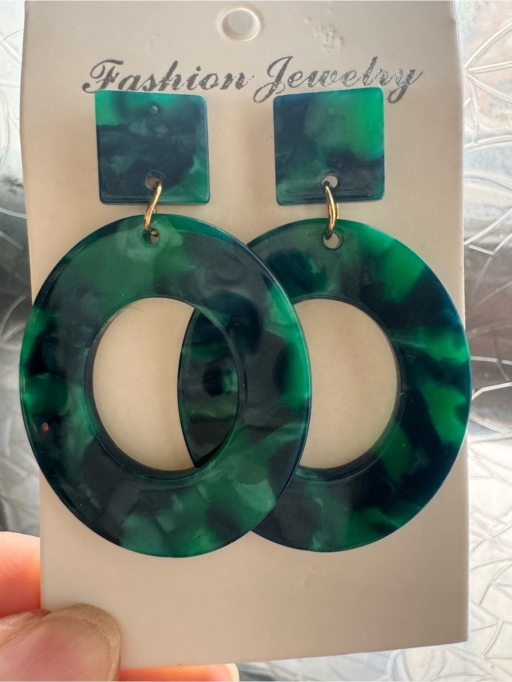 Fashion Jewelry Dark Green & Teal Marbled Hoop Drop Earrings